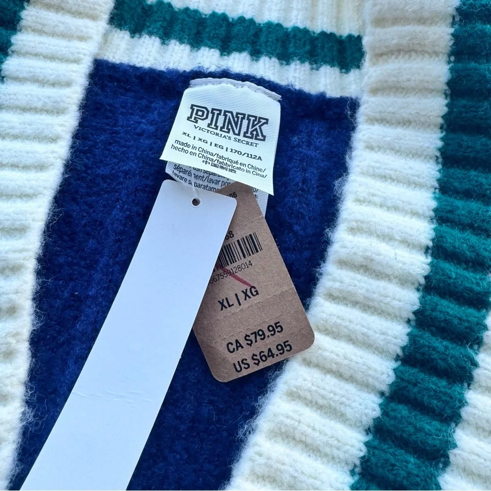 PINK VS Varsity Cardigan Blue Plaid Stripe Cozy Preppy XL NWT